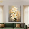 Elegant white lily floral canvas wall art with soft ivory petals and golden accents on neutral beige background, perfect for modern home decor.