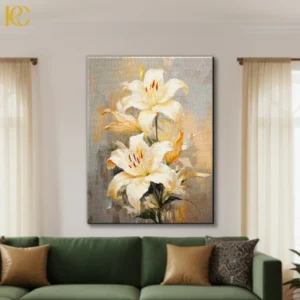 Elegant white lily floral canvas wall art with soft ivory petals and golden accents on neutral beige background, perfect for modern home decor.