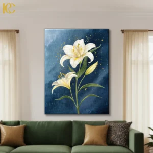 Elegant white lily flower canvas wall art with deep blue background and gold accents for home decor.