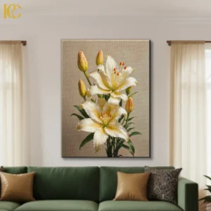 Botanical white lily canvas print with photorealistic detail for classic home decor