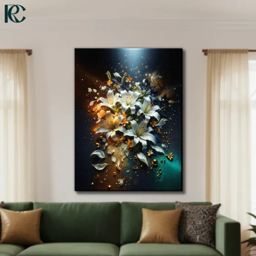 Dramatic white lily flower canvas wall art with dark background, golden orange accents and exploding petals for modern home decor.