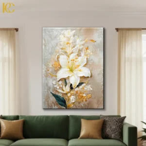 Watercolor white lily flower canvas wall art with golden yellow accents and butterflies on beige background for elegant home decor.