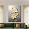 3D textured white flower canvas wall art with gold accents on grey background for luxury modern home decor.