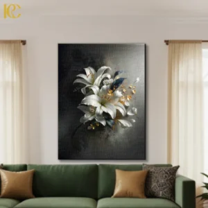 Dramatic white lily flower canvas wall art with gold accents on dark black grey background for elegant modern home decor.