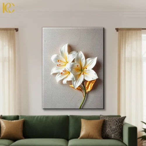 3D sculptural white lily flower canvas wall art with golden orange accents on neutral beige background for elegant modern home decor.