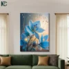 Blue glowing flowers with golden light accents on gradient background contemporary floral canvas wall art for home decor.