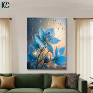 Blue glowing flowers with golden light accents on gradient background contemporary floral canvas wall art for home decor.