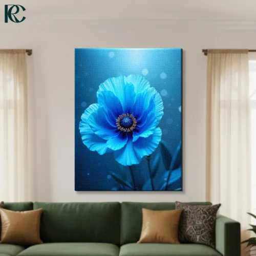 Floral Blue Poppy Flower Ethereal Canvas Wall Art Blue poppy flower with golden center on dark teal background photographic floral canvas wall art for home decor.