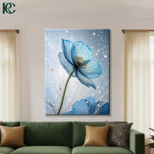 Translucent blue poppy flower with golden center and artistic splatter details watercolor floral canvas wall art for home decor.