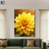 Yellow dahlia flower with layered petals on brown textured background vintage floral canvas wall art for home decor.