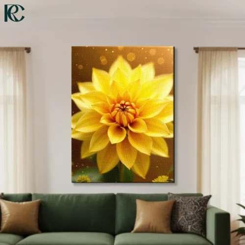 Yellow dahlia flower with layered petals on brown textured background vintage floral canvas wall art for home decor.