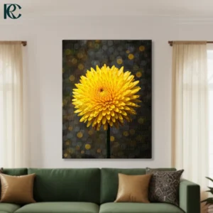 Yellow dandelion flower with spiky petals on dark textured background with golden bokeh dots dramatic floral canvas wall art for home decor.