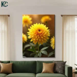 Golden yellow dahlia flower with soft focus blurred background blooms on warm brown textured backdrop floral canvas wall art for home decor.