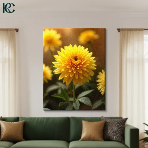 Soft Floral Golden Yellow Dahlia Flower Canvas Wall Art Golden yellow dahlia flower with soft focus blurred background blooms on warm brown textured backdrop floral canvas wall art for home decor.