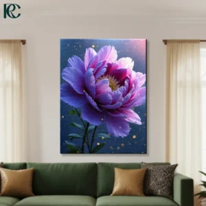 Purple pink peony flower with layered petals on dark navy background with golden sparkle dots ethereal floral canvas wall art for home decor.
