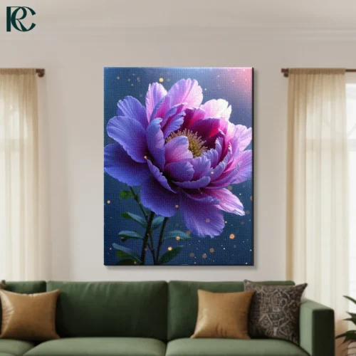 Purple pink peony flower with layered petals on dark navy background with golden sparkle dots ethereal floral canvas wall art for home decor.
