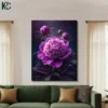 Purple peony flower with layered petals and buds on dark black background dramatic floral canvas wall art for home decor.