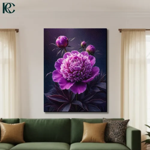 Purple peony flower with layered petals and buds on dark black background dramatic floral canvas wall art for home decor.