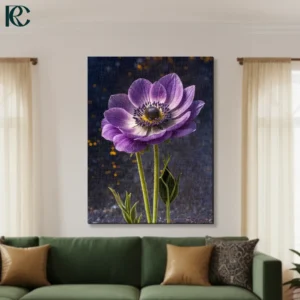 Purple anemone flower with white center and dark stamens on grey textured background with golden bokeh realistic floral canvas wall art for home decor.