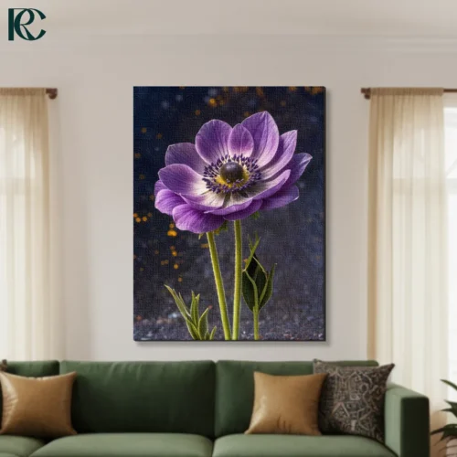 Purple anemone flower with white center and dark stamens on grey textured background with golden bokeh realistic floral canvas wall art for home decor.
