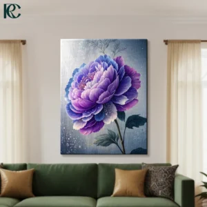 Purple and blue gradient peony flower with layered petals on soft grey misty background with white sparkles watercolor floral canvas wall art for home decor.