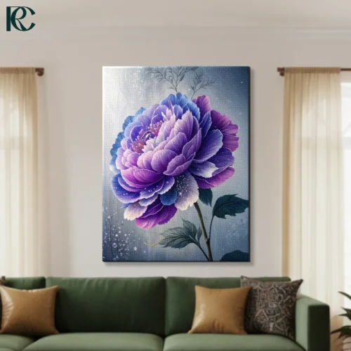 Floral Dreamy Purple Peony Canvas Wall Art Purple and blue gradient peony flower with layered petals on soft grey misty background with white sparkles watercolor floral canvas wall art for home decor.