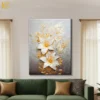 Textured white flower canvas wall art with golden botanical leaves and branches on grey beige gradient background for elegant home decor.