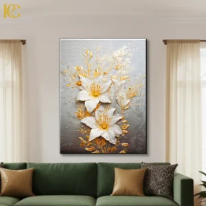 Textured white flower canvas wall art with golden botanical leaves and branches on grey beige gradient background for elegant home decor.