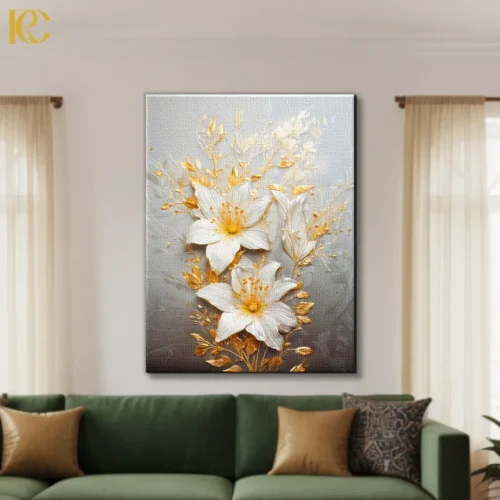 Textured white flower canvas wall art with golden botanical leaves and branches on grey beige gradient background for elegant home decor.