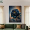 Deep teal blue rose flower with golden center on dark cosmic background with golden sparkles vintage floral canvas wall art for home decor.