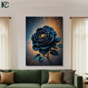 Deep teal blue rose flower with golden center on dark cosmic background with golden sparkles vintage floral canvas wall art for home decor.