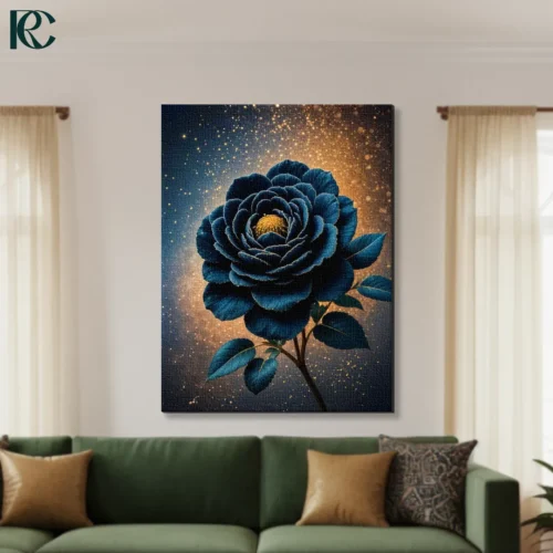 Deep teal blue rose flower with golden center on dark cosmic background with golden sparkles vintage floral canvas wall art for home decor.