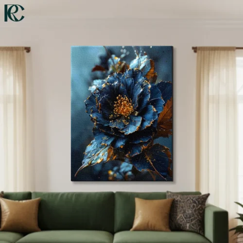 Navy blue flower with golden center and gold leaf accents on dark teal textured background floral canvas wall art for home decor.