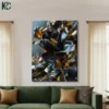 Navy blue and slate blue flowers with golden bronze leaves and gold accents on moody blue grey background floral canvas wall art for home decor.