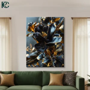 Navy blue and slate blue flowers with golden bronze leaves and gold accents on moody blue grey background floral canvas wall art for home decor.
