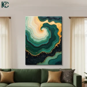 Teal and cream fluid swirls with gold veining and peach accents on navy background abstract canvas wall art for home decor.