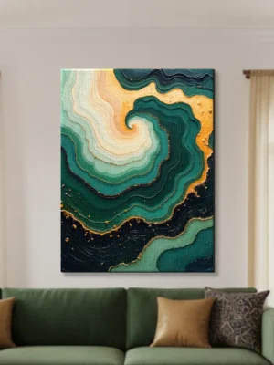 Fluid Art Abstract Teal Gold Canvas Wall Art Teal and cream fluid swirls with gold veining and peach accents on navy background abstract canvas wall art for home decor.