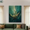 Golden botanical plant with teal leaves emerging from layered teal geometric shapes with light beam abstract canvas wall art for home decor.
