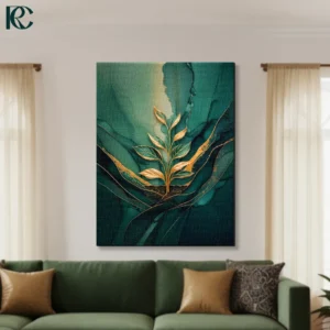 Golden botanical plant with teal leaves emerging from layered teal geometric shapes with light beam abstract canvas wall art for home decor.