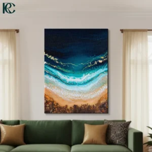 Aerial view of turquoise ocean waves meeting sandy beach with gold accents and white foam abstract canvas wall art for home decor