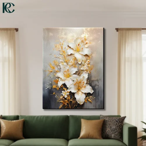 Dramatic Floral White Gold Canvas Wall Art White flower canvas wall art with golden botanical accents on grey beige to dark charcoal gradient background for modern elegant home decor.