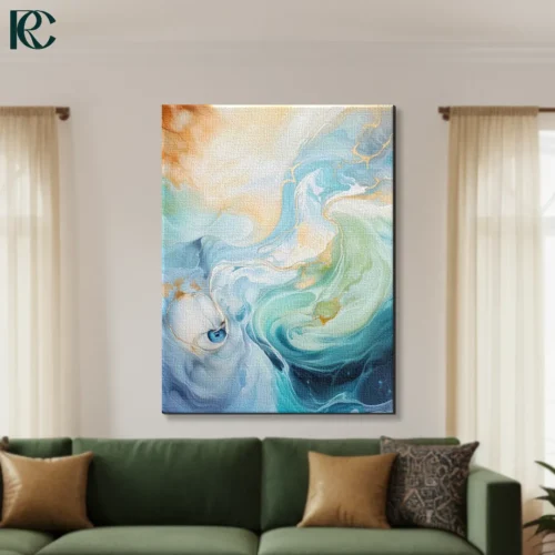 Fluid art abstract marble with turquoise blue peach orange and cream swirls with gold accents canvas wall art for home decor.
