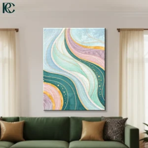 Wavy line abstract art with teal pink mint green and gold flowing curves with dots canvas wall art for home decor.