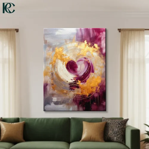 Brushstroke heart abstract art with purple gold and cream paint strokes canvas wall art for home decor.