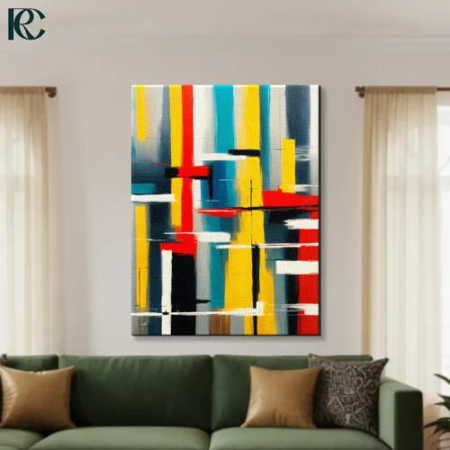 Colorful Geometric Blocks Abstract Wall Art Geometric blocks abstract art with colorful yellow red turquoise and black intersecting lines canvas wall art for home decor.