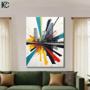 Perspective abstract art with colorful yellow turquoise red and black radiating lines and city buildings canvas wall art for home decor.
