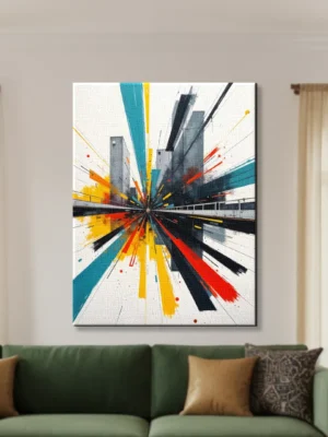 Abstract Colorful Dynamic Perspective Canvas Wall Art Perspective burst abstract art with colorful yellow turquoise red and black radiating lines and city buildings canvas wall art for home decor.