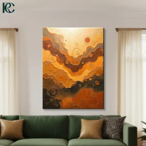 waves abstract art with orange brown cream and dark earth tones circular patterns canvas wall art for home decor.