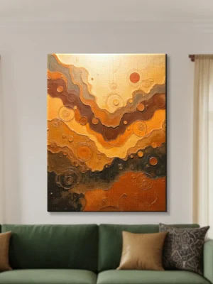 Abstract Earthy Flowing Waves Canvas Wall Art Flowing waves abstract art with orange brown cream and dark earth tones circular patterns canvas wall art for home decor.
