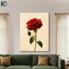 Single red rose with green stem and leaves on cream beige background botanical floral canvas wall art for home decor.